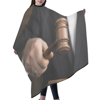 Personality  Justice And Law Concept. Male Judge In A Courtroom Hair Cutting Cape