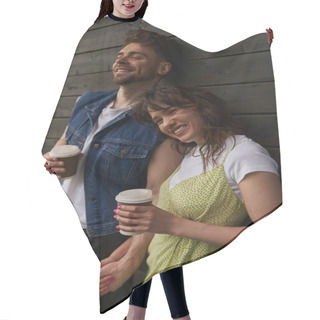 Personality  Cheerful And Stylish Brunette Woman In Summer Outfit Holding Hand Of Bearded Boyfriend In Denim Jacket And Coffee To Go And Standing Near Wooden House, Carefree Moments Concept Hair Cutting Cape