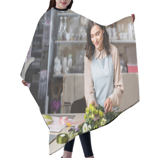 Personality  Young Florist Making Bouquet With Eustoma Flowers Near Laptop And Racks On Blurred Background Hair Cutting Cape