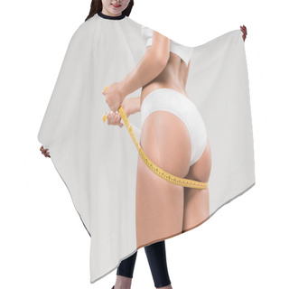 Personality  Cropped View Of Slim Woman In Underwear Holding Measuring Tape Under Buttocks Isolated On Grey Hair Cutting Cape
