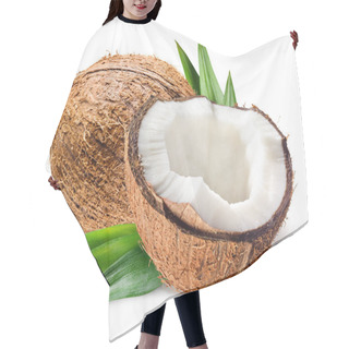 Personality  Coconut With Half And Leaves On White Background Hair Cutting Cape