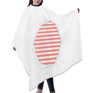 Personality  Ragged Hole In Textured White Paper On Red Striped Background  Hair Cutting Cape