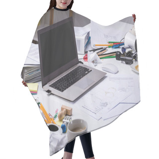 Personality  An Open Laptop On The Messy Desk With Coffee Cup And Documents At Workplace Hair Cutting Cape