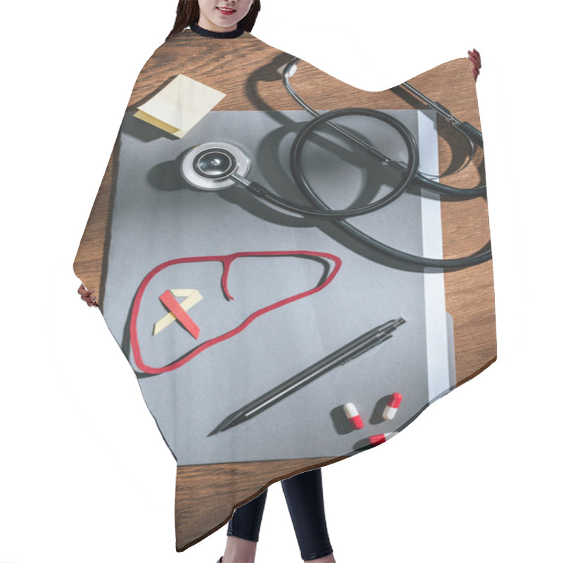 Personality  Top View Of Folder, Pills, Stethoscope, Empty Stick It And Liver With Ribbon On Table, World Hepatitis Day Concept Hair Cutting Cape