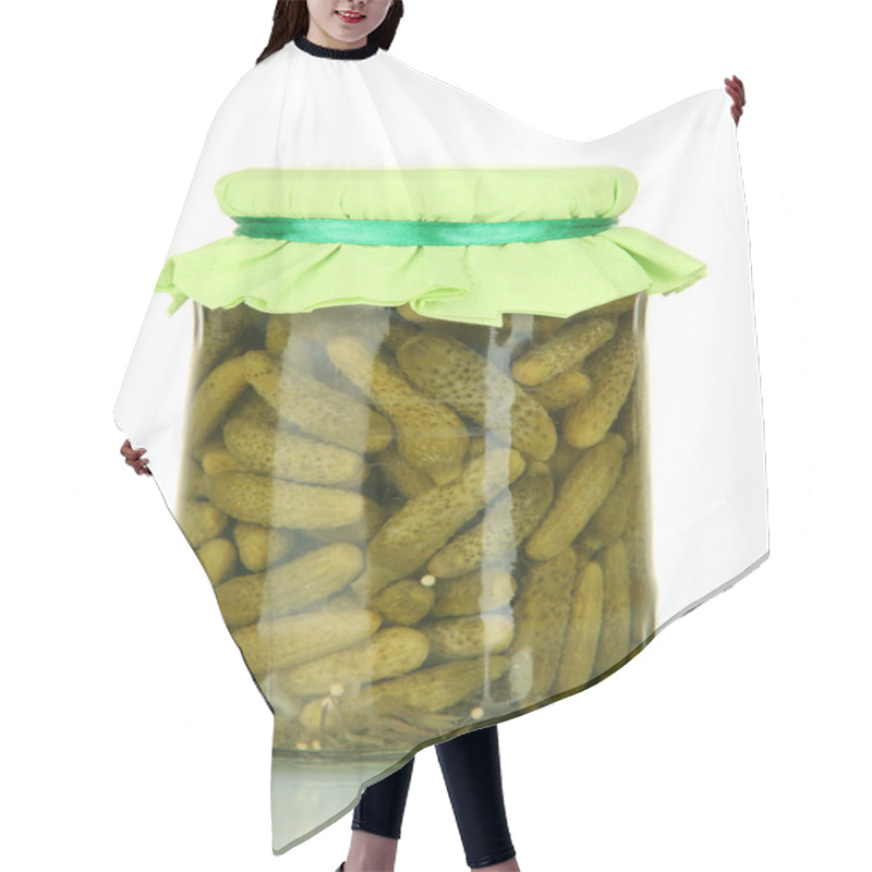 Personality  Jar With Canned Cucumbers Isolated On White Background Hair Cutting Cape