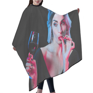 Personality  Vampire Woman Holding Wineglass With Blood And Licking Her Fingers Isolated On Black Hair Cutting Cape