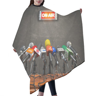 Personality  Press Conference Or Interview On Air.  Microphones Of Different  Hair Cutting Cape
