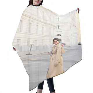 Personality  Happy Woman In Beige Trench Coat Walking With Laptop On Street In Vienna  Hair Cutting Cape