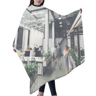 Personality  Contemporary Office Interior With Blurred Businesspeople In Motion  Hair Cutting Cape