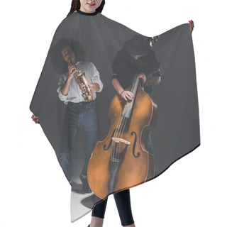 Personality  Duet Of Young Jazzmen Playing Trumpet And Saxophone On Black Hair Cutting Cape
