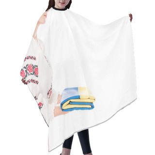 Personality  Cropped View Of Young Woman In National Ukrainian Costume Holding Flag Isolated On White Hair Cutting Cape