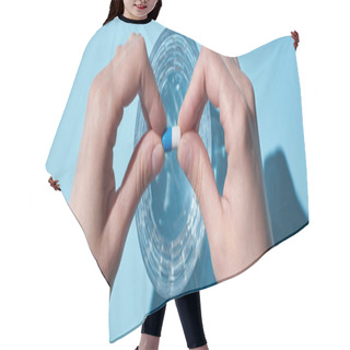 Personality  Partial View Of Woman Putting Pill In Glass With Water On Blue Background, Panoramic Shot Hair Cutting Cape