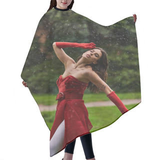 Personality  An Attractive Young Woman In A Red Dress And Long Gloves Is Joyfully Dancing In The Rain, Embracing The Summer Breeze. Hair Cutting Cape