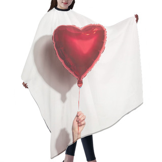 Personality  Female Hand Holds A Red Air Balloon In The Form Of A Heart On A White Background Hair Cutting Cape