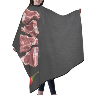 Personality  Raw Fresh Lamb Meat Ribs And Seasonings On Black Stone Background Hair Cutting Cape