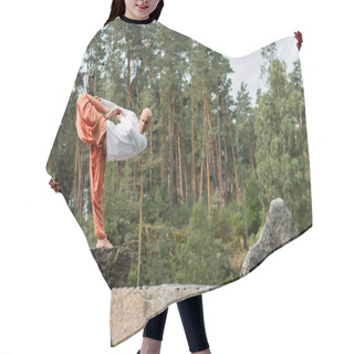 Personality  Barefoot Buddhist Practicing Yoga In Half Moon Pose On Rocks In Forest Hair Cutting Cape