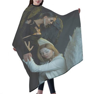 Personality  Women In Halloween Costumes, Angel Embracing Dark Demon On Black Backdrop, Biblical Conflict Concept Hair Cutting Cape