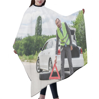 Personality  Handsome Businessman In Light Green Vest Putting Stop Sign On Road Near Broken Car Hair Cutting Cape