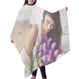 Personality  Close Up Portrait Of Young Beautiful Woman Indoors. Attractive Woman With Flowers. Female With Tulips. Spring Bouquet. Hair Cutting Cape