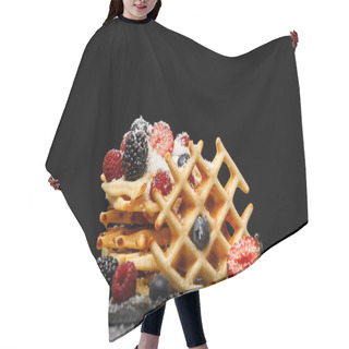 Personality  Photo Of Viennese Wafers With Fresh Raspberries, Strawberries Sprinkled With Powdered Sugar On Blackboard Against Blank Background In Studio Hair Cutting Cape