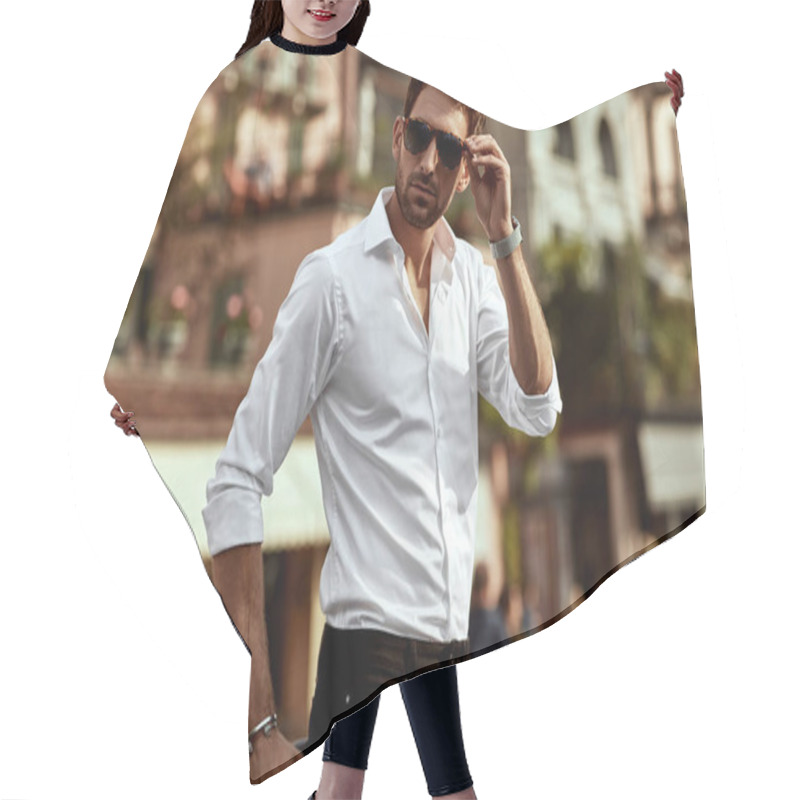 Personality  Stylish man wearing sunglasses and white shirt  hair cutting cape