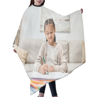 Personality  Portrait Of Elementary Age Girl Drawing With Color Pencil In Modern Apartment, Leisure And Art Hair Cutting Cape