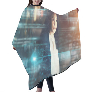 Personality  Futuristic, AI And Business Woman, Cyber Data And Connectivity, Iot Overlay And Technology Innovation. Digital Transformation, Tech Analytics And Mockup Space, Web Dashboard And Internet Holographic. Hair Cutting Cape