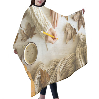 Personality  Autumnal Top View Composition With Fall Season Symbolics On Textured Background. Hair Cutting Cape