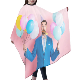 Personality  Businessman In Party Cap Holding Balloons On Pink  Hair Cutting Cape