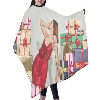 Personality  Elegant Lady In Festive Attire Standing Next To Presents Pulling Down Hair, Holiday Gifts Concept Hair Cutting Cape