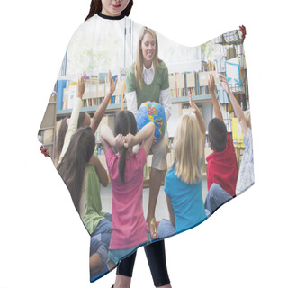 Personality  Kindergarten Teacher And Children With Hands Raised In Library Hair Cutting Cape