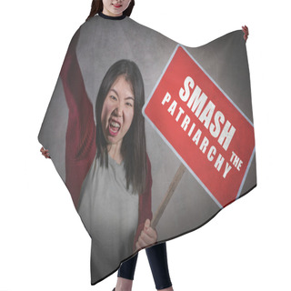 Personality  Young Aggressive Ultra Feminist Asian Korean Woman Holding Protest Billboard With Smash The Patriarchy Text Standing For Women Rights And Female Supremacy Isolated Hair Cutting Cape