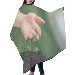 Personality  Selective Focus Of Woman Touching Young Plant Growing In Ground On Blurred Background, Earth Day Concept Hair Cutting Cape