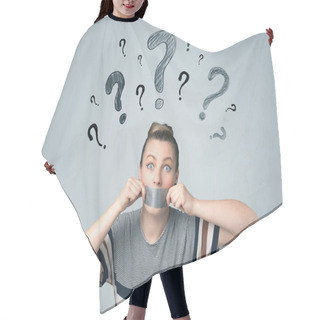 Personality  Young Woman With Glued Mouth And Question Mark Symbols Hair Cutting Cape