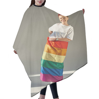 Personality  Full Length Of Smiling Queer Person Posing With Rainbow Colors LGBT Flag White Standing On Grey Hair Cutting Cape