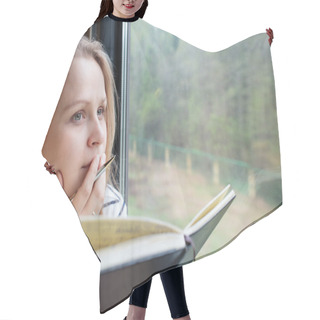 Personality  Young Woman On A Train Writing Notes Hair Cutting Cape