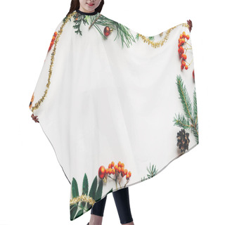 Personality  Flat Lay With Festive Arrangement Of Pine Tree Branches, Common Sea Buckthorn And Christmas Decorations On White Tabletop Hair Cutting Cape