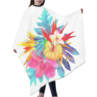 Personality  Illustration With Realistic Watercolor Flowers. Fluorescent Colors. Hair Cutting Cape