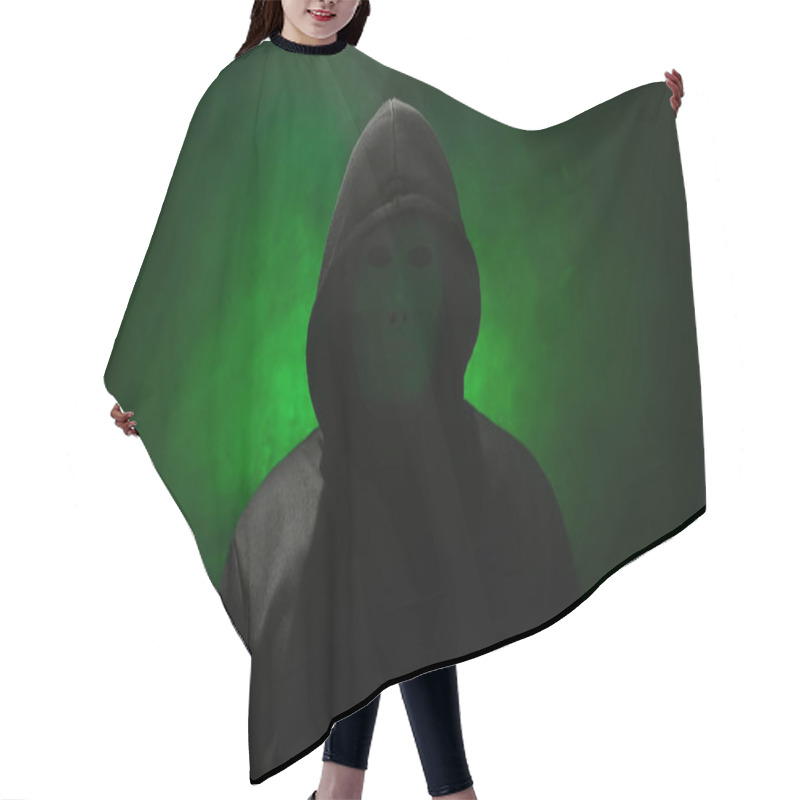 Personality  Man Wearing Mask With Hoodie On Green Background. Hair Cutting Cape