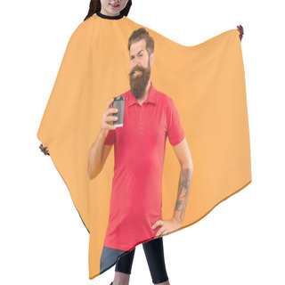 Personality  Happy Man In Casual Red Tshirt Holding Disposable Cup With Arm Akimbo Yellow Background, Takeaway Coffee. Hair Cutting Cape