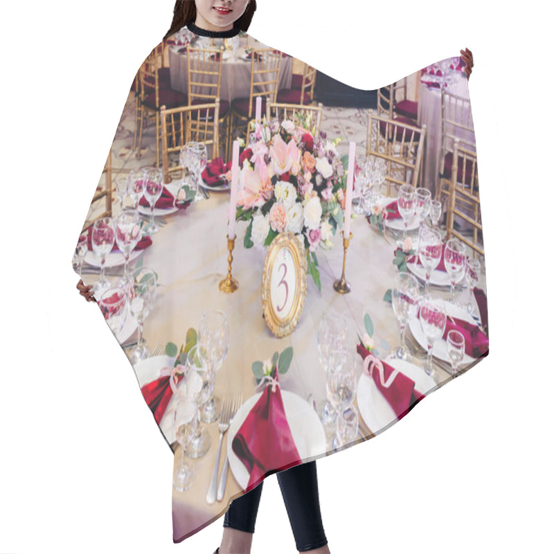 Personality  Decorated Tables In Gold And Burgundy Colors With Plates, Knives And Forks, Candles And Glasses, Bouquet With Flowers And Greens On The Center Hair Cutting Cape