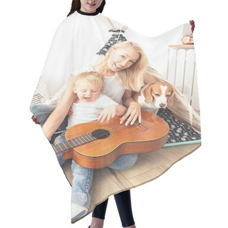 Personality  Little Boy Playing On Guitar With Mom . Hair Cutting Cape
