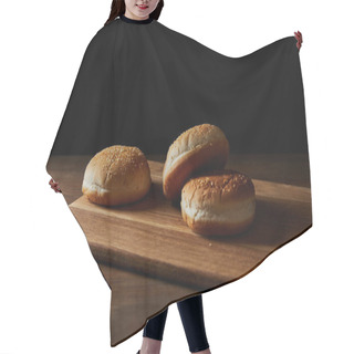 Personality  Fresh Tasty Buns With Sesame On Wooden Chopping Board Isolated On Black Hair Cutting Cape
