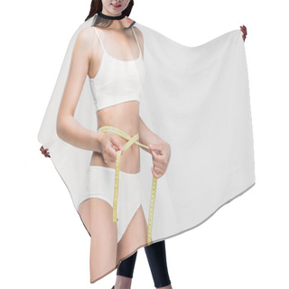 Personality  Cropped View Of Slim Girl In Underwear Measuring Her Waistline, Isolated On Grey Hair Cutting Cape