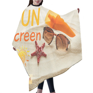 Personality  Brown Stylish Sunglasses And Sunscreen In Orange Bottle On Sand With Starfish And Sunscreen, High Protection Lettering Hair Cutting Cape