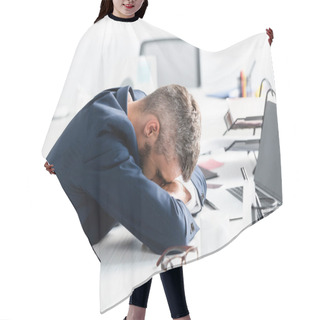 Personality  Tired Businessman With Closed Eyes Sitting Near Laptop And Stationery On Blurred Foreground In Office  Hair Cutting Cape