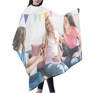 Personality  Multicultural Friends Gifting Present To Pregnant Woman At Baby-party Hair Cutting Cape