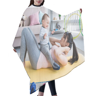 Personality  Young Beautiful Mother Working Out On Yoga Mat With Her Little Child At Home Hair Cutting Cape