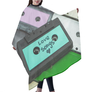 Personality  High Angle View Of Turquoise Cassette With Love Songs Inscription On Colorful Cassettes Hair Cutting Cape