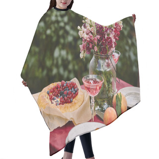 Personality  Bouquet Of Flowers In Glass Jar And Wineglass On Table In Garden Hair Cutting Cape